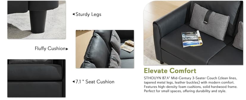 STHOUYN 88” Faux Leather Couch for Living Room, Black Office Couch Small Space, Comfy 3 Seater Couches Leather Sofa with High Backrest (Black)