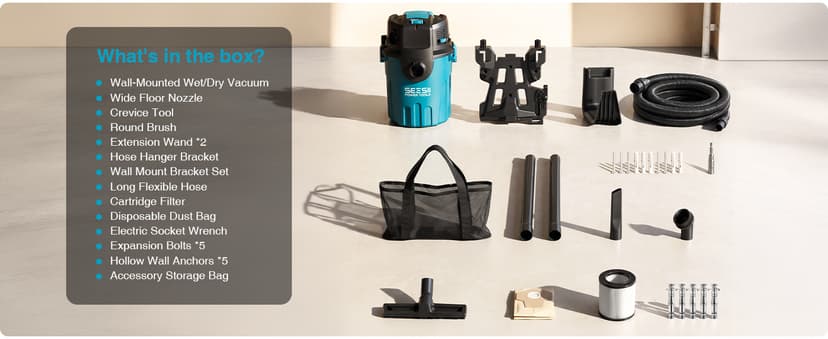 Seesii Garage Vacuum Wall Mounted Shop Vac, 6.6 Gallon 5.5 Peak HP Shop Vacuum Wet and Dry with 30Ft Flexible Hose, Attachments, Storage Bag, Cartridge Filter Ideal for Garage, Car, Workshop, Home