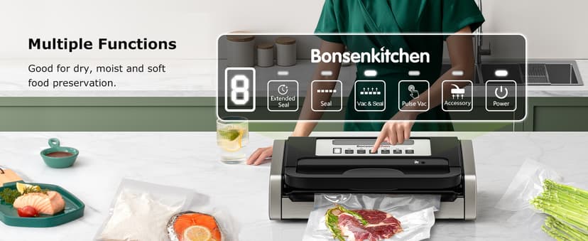 Bonsenkitchen Vacuum Sealer Machine, Globefish Technology for Perfect Vacuum Sealing, Powerful Low-Noise Food Vacuum Sealer with Easy Handle Design, Built-in Cutter & Bag Storage, 1 Bag Roll & 10 Bags