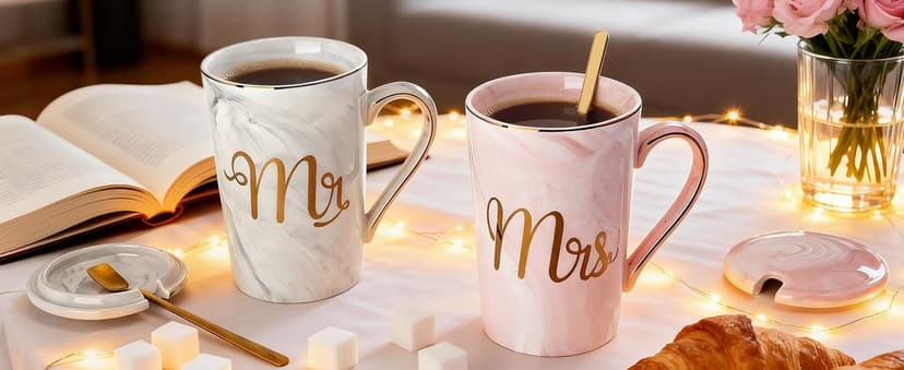 Gifts for Anniversary Bride and Groom, 14oz Ceramic Mr and Mrs Mug Set with Real Gold Foil, Greeting Card, Gift Box Biching Wedding Gifts for Couples 2026, Bridal Shower Engagement Gift B0CF3SG6DX