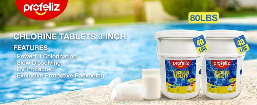 PROFELIZ 2-Pack Chlorine Tablets 3 Inch for Swimming Pools, Kills Bacteria and Stops Algae, Slow Dissolving,Exclusive Protective Packaging,Pool Chlorine Tablets,2X 40 lbs Bucket,Total of 80lbs