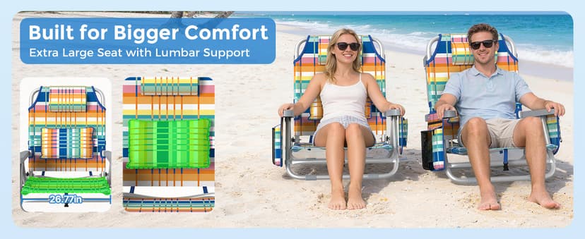 5-Position Backpack Beach Chair for Adults with Lumbar, Foldable Tall Heavy-Duty Beach Chairs with Cooler Bag,Cup Holder,Towel Rack for Beach, Camping, Outdoor (1, Rainbow)