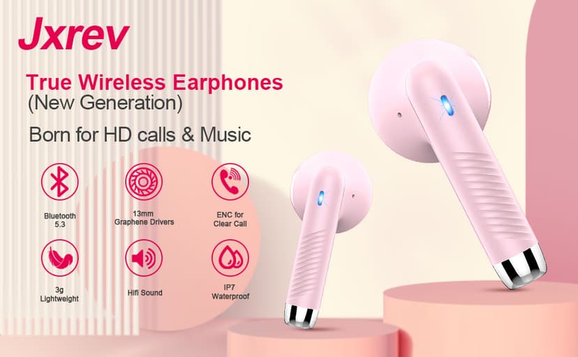 Wireless Earbuds, Bluetooth 5.4 Earbuds Stereo Bass, Bluetooth Headphones in Ear Noise Cancelling Mic, Wireless Earphones IP7 Waterproof Sports, 32H Playtime Mini USB C Charging Ear Buds Light Pink