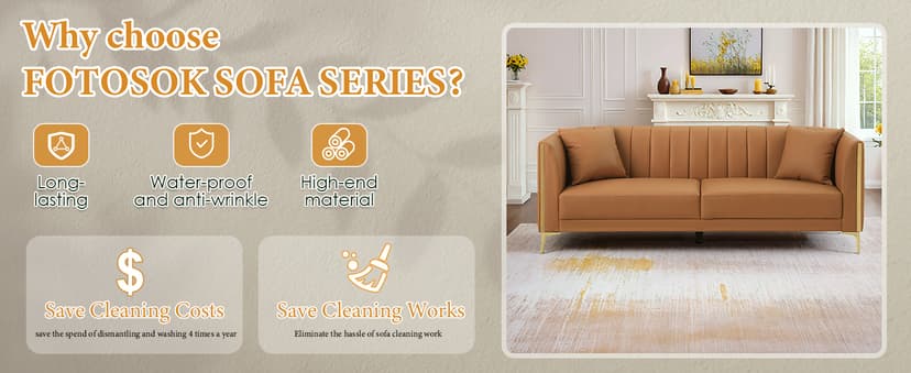 FOTOSOK 78'' Couch Sofa, Modern Leather Couches for Living Room, Comfy, Faux Leather Sofa 3 Seater Sofa with 2 Throw Pillows and Gold Metal Legs, Deep Seat Sofas (Brown)