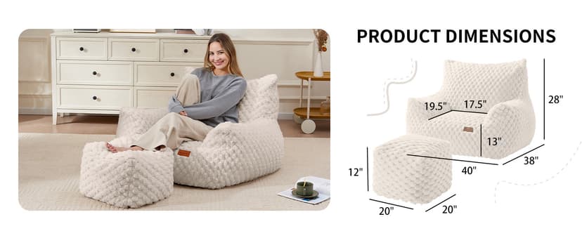 Gaming Chair Comfy Bean Bag Couch Sofa Chair for Bedroom, Modern Faux Fur Reading Bean Bag Chairs for Adults Teens, Living Room Adult Bean Bag Chair with Footrest