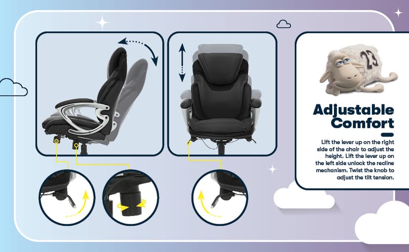 Serta Bryce Executive Office Chair - Ergonomic Computer DeskChair with Lumbar Technology - Adjustable Height - Memory Foam Body Pillows - 360° Swivel Rolling Base - Bonded Leather - Black