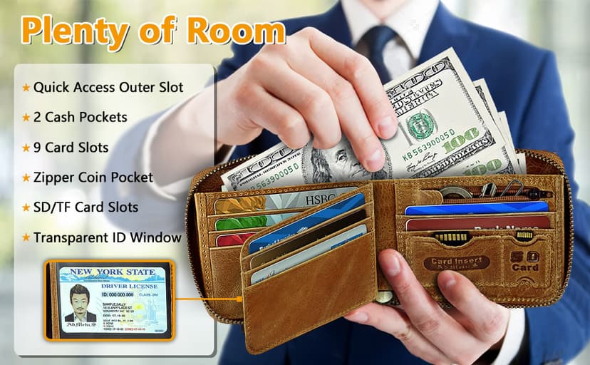 Admetus Mens RFID Blocking Wallets Zipper Leather Wallet for Men Bifold RFID Card Holder