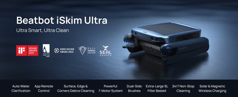 (2025 Upgrade) Beatbot iSkim Ultra 24/7 Cleaning Solar Powered Pool Skimmer with Water Clarification System & APP Control, Voice Broadcast, Dual Charging Options, Edge & Corner Cleaning, Blue