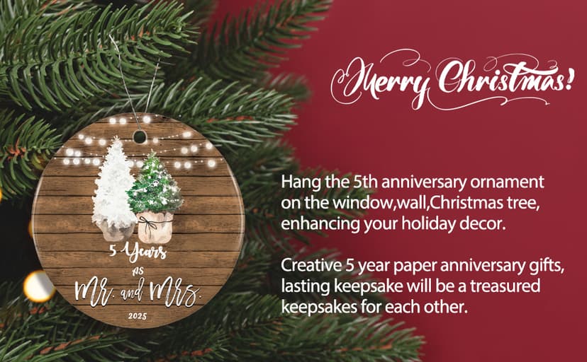 5th Anniversary Ornament Gifts for Couple, 5 Year Wedding for 5th Anniversary, Ceramic Keepsake 5 Year as Mr and Mrs Christmas Ornaments