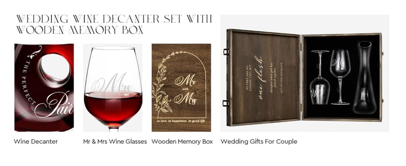 AW BRIDAL Mr and Mrs Wine Glasses and Decanter Set, Wedding Bridal Shower Engagement Gift for Couples 2025, Wedding Glasses for Anniversary Bride Bachelorette with Wood Keepsake Box