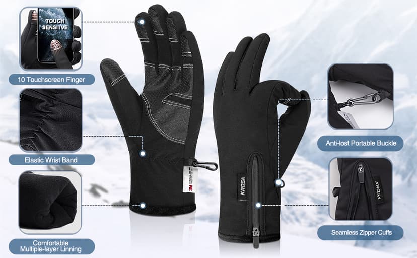 krosa 5-Layer Winter Gloves for Men & Women Made with 3M Thinsulate, -10℉ Waterproof Work Gloves for Cold Weather, Snow Ski Gloves with 10 Touchscreen Fingers