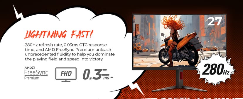 AOC 27" Curved Gaming Monitor, FHD 1080p, 280Hz (DP) 240Hz (HDMI), 0.3ms MPRT, VA Panel 1500R, AMD FreeSync Premium, HDR Ready, Height Adjustable, DisplayPort HDMI C27G4ZH