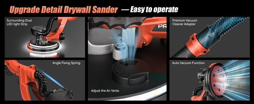 1000W Drywall Sander, Electric Drywall Sander, Popcorn Ceiling Removal Tool with Vacuum Dust Collection, 6 Variable Speed, Foldable Telescopic Handle