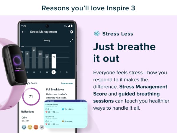 Fitbit Inspire 3 Health &-Fitness-Tracker with Stress Management, Workout Intensity, Sleep Tracking, 24/7 Heart Rate and more, Lilac Bliss/Black, One Size (S & L Bands Included)