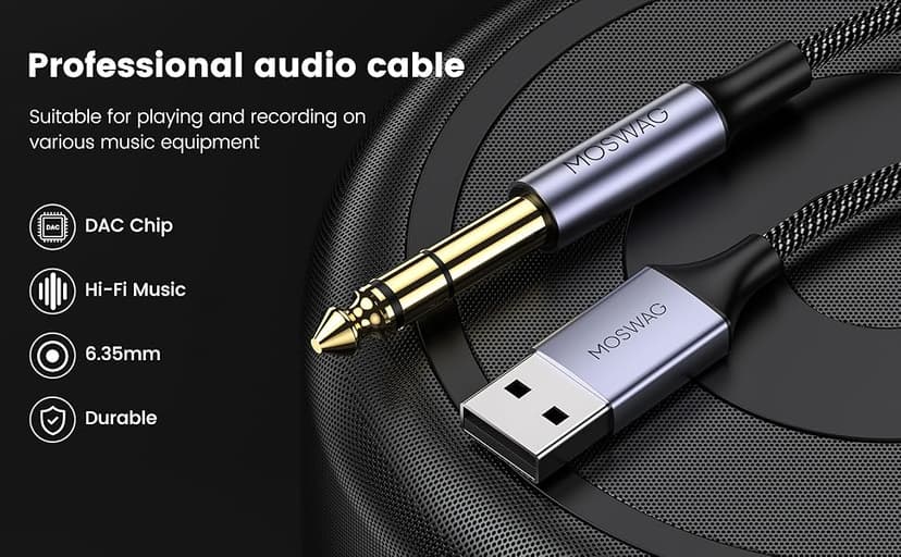 MOSWAG 3.3FT USB to 6.35 Audio Cable, USB to 1/4“ Guitar Cable with Recording Function for Guitar, Bass, Amplifier, Speakers (NOT for Xbox/RockSmith)