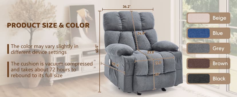 Massage Rocking Recliner Chair, Ergonomic Recliners Sofa with Vibration Massage & Heat, Rocking Chair Nursery Chair for Living Room Lounge with 4 Pockets, 2 Cup Holders, USB Charge Port, Grey