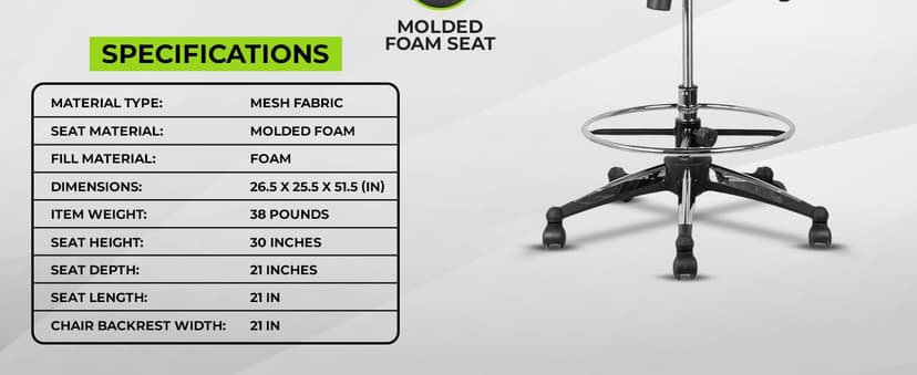 OfficeFactor 300 Lbs Tall Drafting Chair with Adjustable Foot Ring & Flip-Up Arms – Ergonomic Standing Desk Chair, Breathable Mesh Office Chair for Tall Desks, Counter Height & Reception(Black)