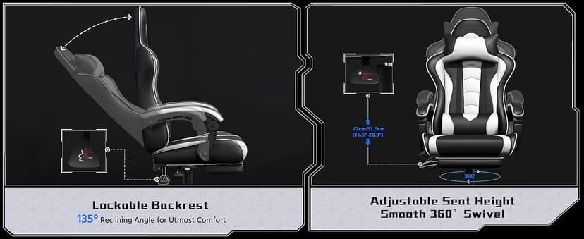 Yaheetech Gaming Chair, Video Game Chair with Massage Lumbar Support and Footrest Height Adjustable Ergonomic Computer Gaming Chair with Swivel Seat and Headrest, Black/White