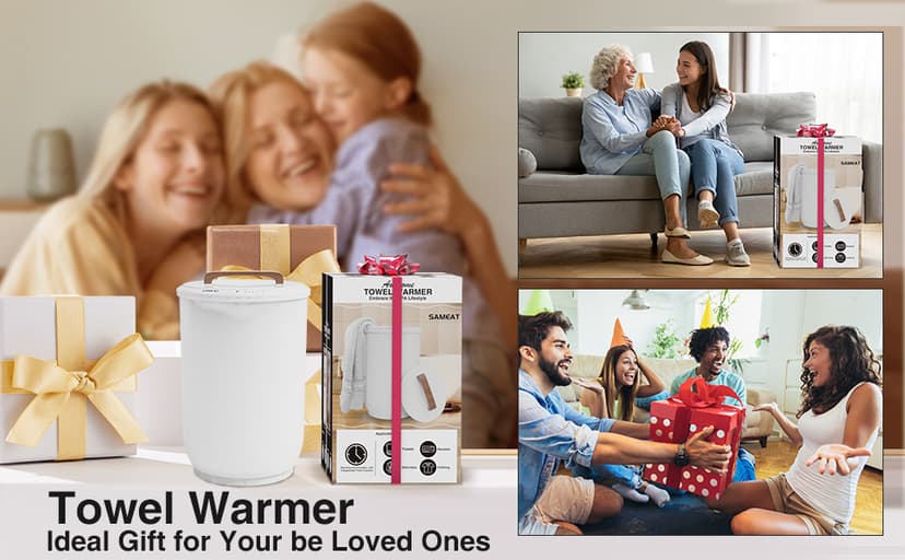 SAMEAT Heated Towel Warmers for Bathroom - Large Towel Warmer Bucket, Wood Handle, Auto Shut Off, Fits Up to Two 40"X70" Oversized Towels, White B0C7KQTXV1