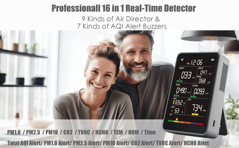 Professional Indoor Air Quality Monitor with AQI Alerts, Portable Real-Time Detector for Home, Car, Plants & Pet (Smog Gray)