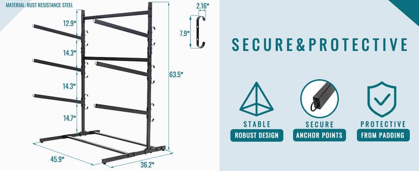 Kayak Storage Rack, Heavy Duty Kayak Racks for Garage and Outdoor Storage, Storage Rack for Kayak, Canoe, Surfboard & Paddleboard-3 Levels