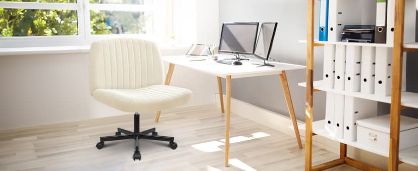 NEO CHAIR Criss Cross Chair with Wheels Home Office Cross Legged Armless Chairs Ergonomic Adjustable Computer Desk Task Wide Seat for Bedroom Vanity Comfy Swivel (Beige)