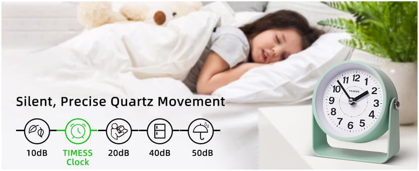 TIMESS Analog Alarm Clock, Silent Non-Ticking Quartz Movement, Battery-Operated with Snooze & On-Demand Light, Easy to Set Gentle Wake Bedside Desk Clock, Ideal for Home, Travel, Office (Green)