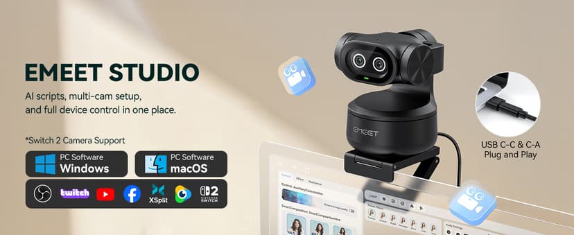 EMEET PIXY Dual-Camera AI-Powered PTZ Camera 4K, AI Tracking, PDAF&AI Autofocus 0.2s, 1/2.55'' Sony Sensor, 3 Mics, Presets, Gesture Control, 4K Webcam for Streaming and OBS/Twitch/Switch 2 Compatible