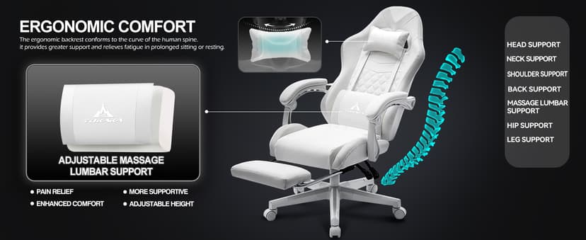 White Gaming Chair,Ergonomic Massage Computer Office Desk Chair with Footrest,Pocket Spring Cushion,Reclining Leather Adjustable Gamer Chair with Headrest and Lumbar Support,White