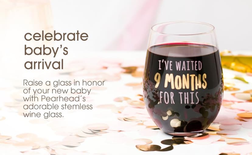 Pearhead I’ve Waited 9 Months For This Stemless Wine Glass, Perfect for Mother’s Day, Ideal Gift for Baby Shower, Post Pregnancy, New and Expecting Moms, Pink and Gold, 16 Oz