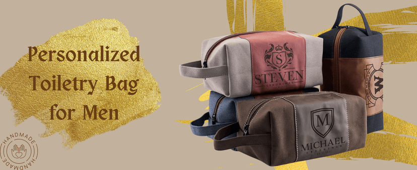 GIFTBYGIFTY Toiletry Bag for Men Personalized, Laser Engraved Initial & Name on Leather, Custom 4 Canvas Colors - Gift for Husband, Dad, Boy Friend, Handcrafted Travel Bag, Waterproof Shaving Dopp Kit