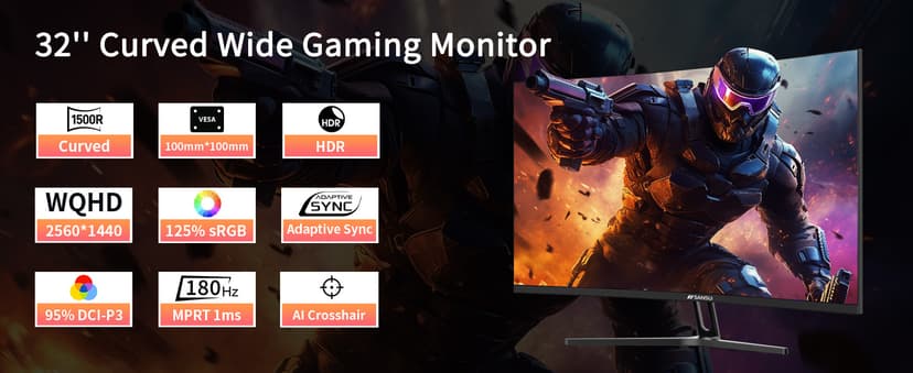 SANSUI 32-Inch Curved Gaming Monitor WQHD 2560 x 1440 180Hz Curved 1500R -Fast VA,1ms(OD), HDR, 300nits, sRGB 125%, DCI-P3 95%, FreeSync, HDMI x2, DP1.4x2(DP Cable Included)