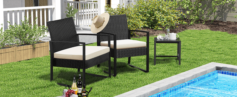 Yaheetech 3 Pieces Rattan Bistro Set, Outdoor Wicker Patio Modern Conversation Furniture, 2 Chairs & Tempered Glass Coffee Table for Garden, Balcony, Backyard, Poolside, Black/Beige