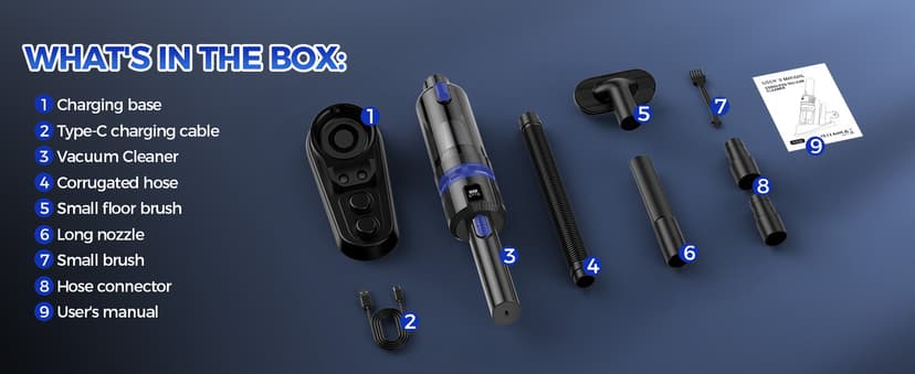 Filigo Handheld Vacuum Cordless Rechargeable 2-Speed Modes| 3-in-1 Portable Cordless Vacuum Cleaner with Charging Dock, for Car Home Office and Pet Hair(Blue)