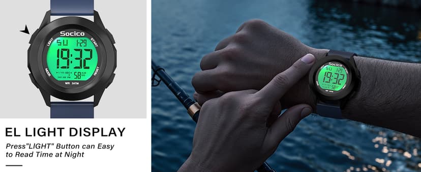 SOCICO Mens Digital Watch Sports Waterproof Outdoor Large Face Military Watches with Stopwatch Back Light Alarm Date Display