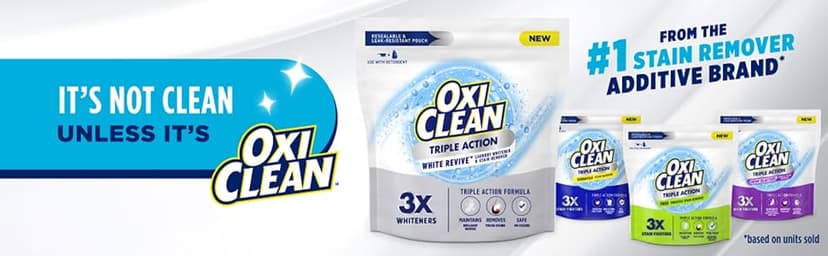 OxiClean Triple Action White Revive Laundry Whitener and Stain Remover Powder, Use with Detergent, Whitens and Brightens Clothes, Removes Tough Stains, Color Safe, Chlorine Free, 4 lbs