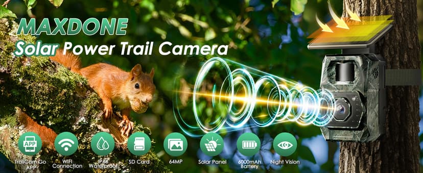 MAXDONE Solar Trail Camera WiFi Bluetooth - 4K 64MP Game Cameras with Night Vision Motion Activated IP66 Waterproof, with 5200mAh Battery and 32GB Memory Card Cameras for Outdoor and Backyard 