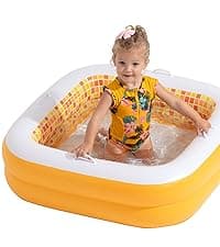 2-in-1 Inflatable Kiddie Pool, 65"x39"x10" (5'5") Soft Cushioned Floor, Handles, Drain, Shallow Rectangular Blowup Swimming Pool for Kids Age 2+ Toddler Ball Pit, Small Adult Backyard Tanning Pool