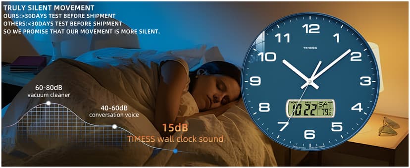 TIMESS Wall Clock, 12" Dial Non-Ticking Silent Battery Operated Analog with LCD Display for Perpetual Calendar and F° Temperature, Ideal Modern Home, Bedroom, Kitchen, Office Decor (Blue)