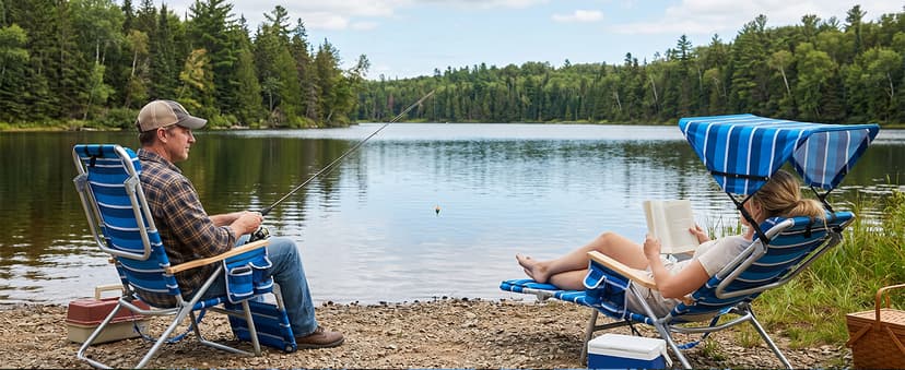 Oversized Beach Chair for Adults,5 Position Adjustable Tanning Chair with Sun Canopy,Folding Reclining Lounge Chir with Face Holes,Backpack Portable for Patio Pool Camping (Blue-White,Medium)
