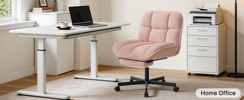 Criss Cross Office Chair with Foot Rest, Thick Cushioned Cross Legged Office Chair, Armless Wide Seat Reclining Desk Chair, Height Adjustable Criss Cross Chair for Home Office,Vanity, Pink