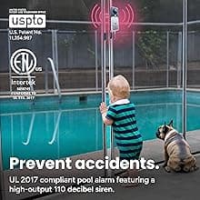 Techko S189 Ultra Slim Safe Pool Alarm for Kids, ETL Listed UL 2017 Compliant, Indoor/Outdor Weather Resistant, 110db Loud Alarm with 2X Bypass Buttons, Gray, 1Count