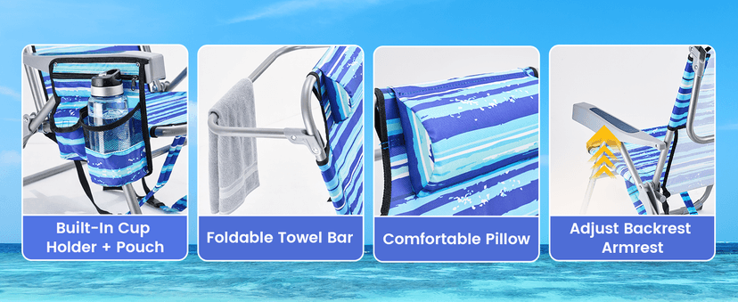 GVDV Backpack Beach Chairs for Adults 2 Pack, Portable Lay Flat Folding Chair with Cup Holder and Towel Bars, 4-Position Adjustable Reclining Chair for Beach, Camp, Outdoor, Blue Ocean
