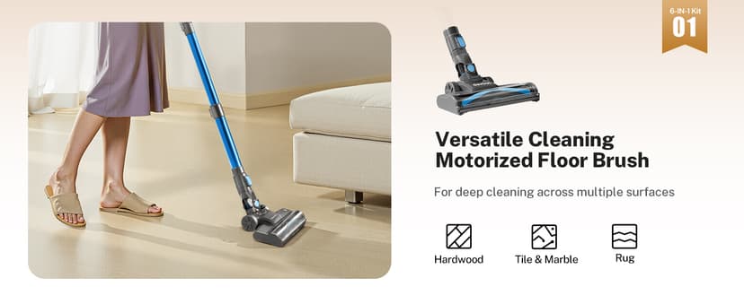 DEVOAC N300 Cordless Vacuum Cleaner, 6 in 1 Lightweight Stick Vacuum, 2200mAh Battery Up to 40mins Runtime, Powerful Handheld Vacuum for Hard Floor Rug Pet Hair Home Dorm (Blue)