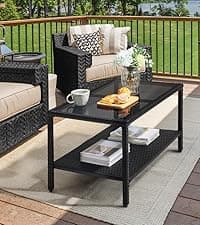 Yaheetech 3 Pieces Rattan Bistro Set, Outdoor Wicker Patio Modern Conversation Furniture, 2 Chairs & Tempered Glass Coffee Table for Garden, Balcony, Backyard, Poolside, Black/Beige
