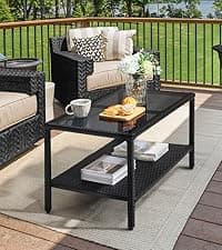 Yaheetech 7 Piece Patio Furniture Set, Outdoor Dining Acacia Wood Table Top Rattan Conversation Set with Soft Cushions, 6 Chairs & 1 Table for Backyard, Deck, Garden & Yard, Black/Beige