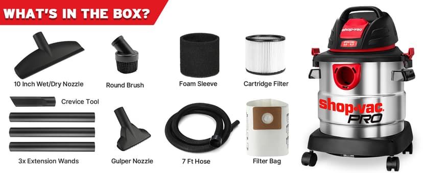 Shop-Vac 5 Gallon 4.5 Peak HP Wet/Dry Vacuum, Stainless Steel Tank, Portable Shop Vacuum with Filter, Hose and Accessories for Garage, Workshop. 5920588