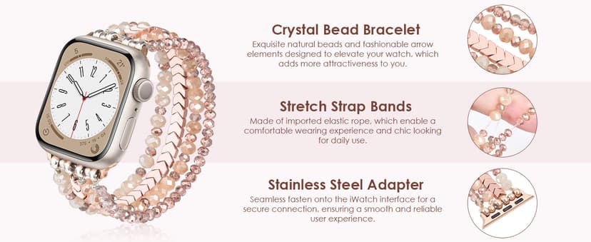 MOFREE Beaded Bracelet Compatible with Apple Watch Band 38mm/40mm/41mm/42mm, Fashion Elastic Stretch Women Bands for iWatch Series 11/10/9/8/7/SE/6/5/4/3/2/1 iPhone Watch Strap Bands Rose Gold
