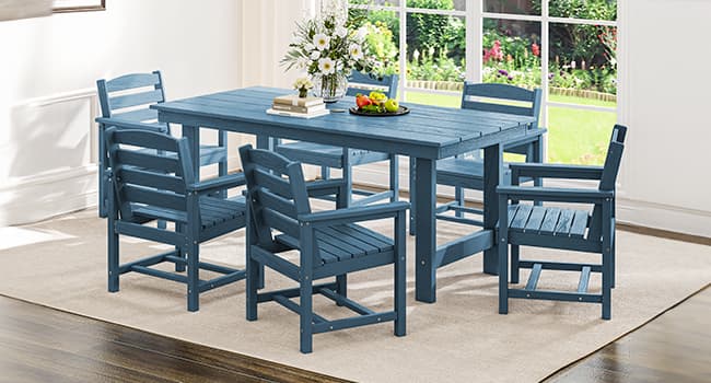 SERWALL 7-Piece Patio Dining Table Sets, Outdoor HDPE Dining Furniture Set with Umbrella Hole Cut-Out Table and 6 Chairs, Blue