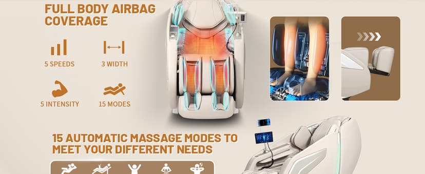 HealthRelife 4D Massage Chair Full Body Zero Gravity Recliner - 55“ SL-Track,15 Auto Modes,11 Massage Technique,40 Airbags Massage,with Yoga Stretch,APP Control,Shiatsu Foot Massage(Beige)